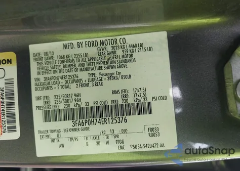 2014 Ford Fusion Se z USA, uszkodzony, nr VIN 3FA6P0H74ER125376